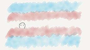 Amy's drawing that shows a head coming out of pink and blue clouds. Amy's drawing that shows a head coming out of pink and blue clouds.