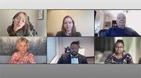 A moderator and five panelists in Zoom windows discuss inclusion. A moderator and five panelists in Zoom windows discuss inclusion.